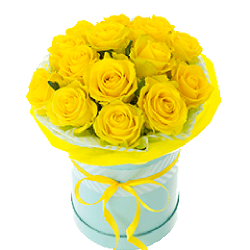 Фото товара 21 жовта троянда в капелюшній коробці