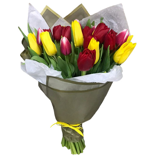 Фото товара 21 червоно-жовтий тюльпан у подвійному пакуванні