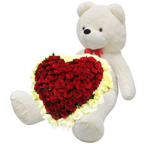 Фото товара Серце 101 троянда і великий ведмедик
